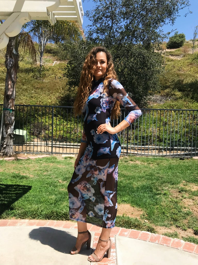 Blue Floral Mesh Dress