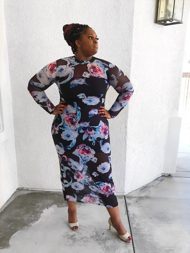 Blue Floral Mesh Dress