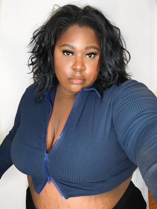 Zip Ribbed Crop- Dark Navy